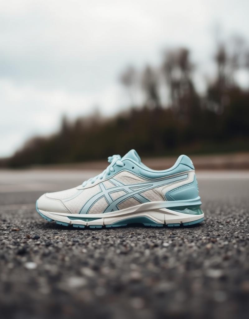 Reference: pale blue running sneaker on asphalt